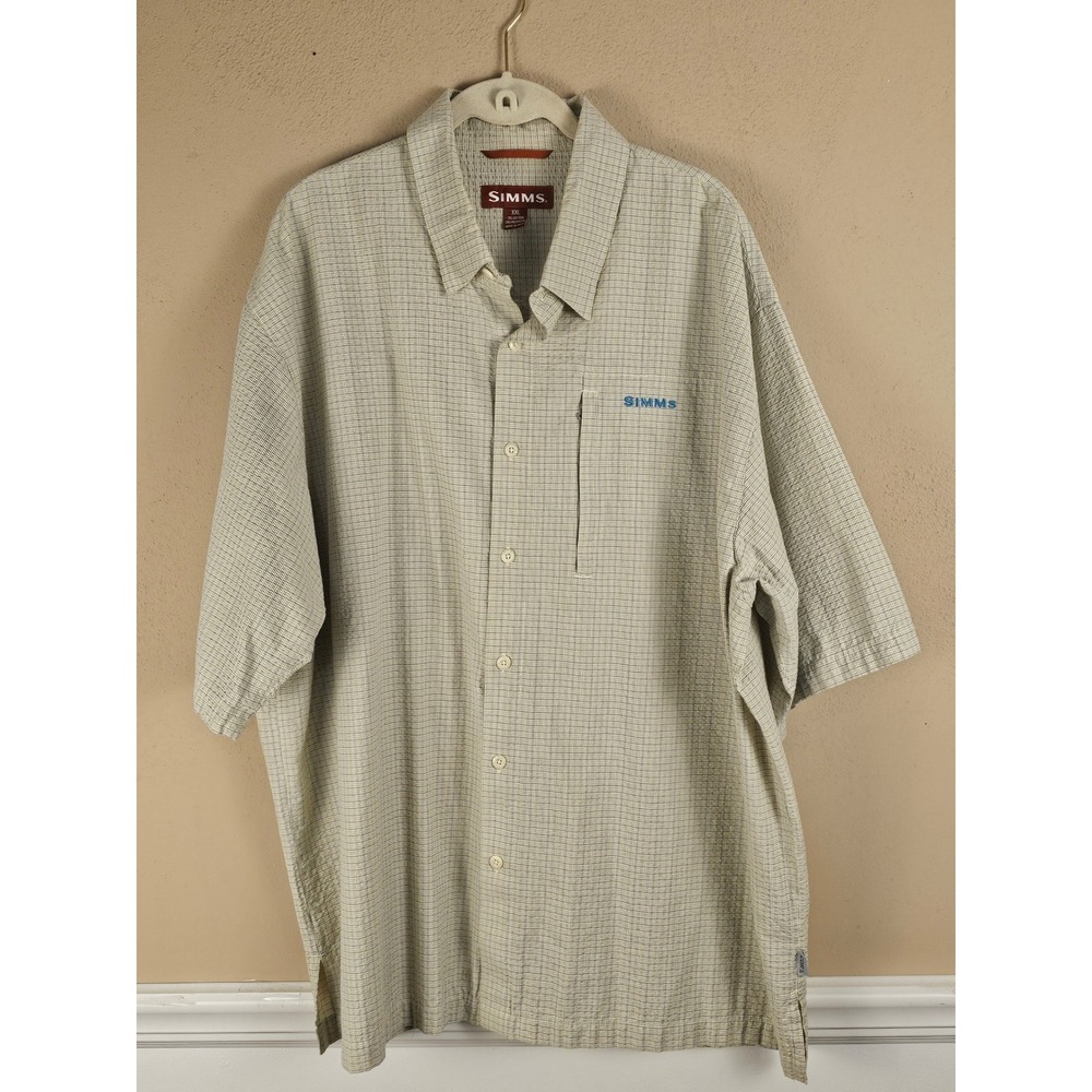 Simms Yellow Blue Cor3 Vented Short Sleeve Button Down Fishing Camp Shirt XXL